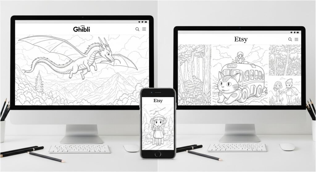 A desk setup featuring two desktop monitors and a smartphone, all displaying various Studio Ghibli Coloring Pages in black and white line art. The left monitor shows a large dragon flying over mountains. The right monitor displays a scene with a large cat-like creature next to a bus, and children in a forest. The smartphone in the foreground shows a single figure of a child wearing a hat. The desk is minimalist with keyboards, mice, and scattered pencils in white holders, indicating a creative workspace.