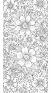 A vertical, intricate and dense floral pattern designed for coloring, filled with a variety of flowers, leaves, and detailed background elements, all rendered in crisp black lines on a white background.