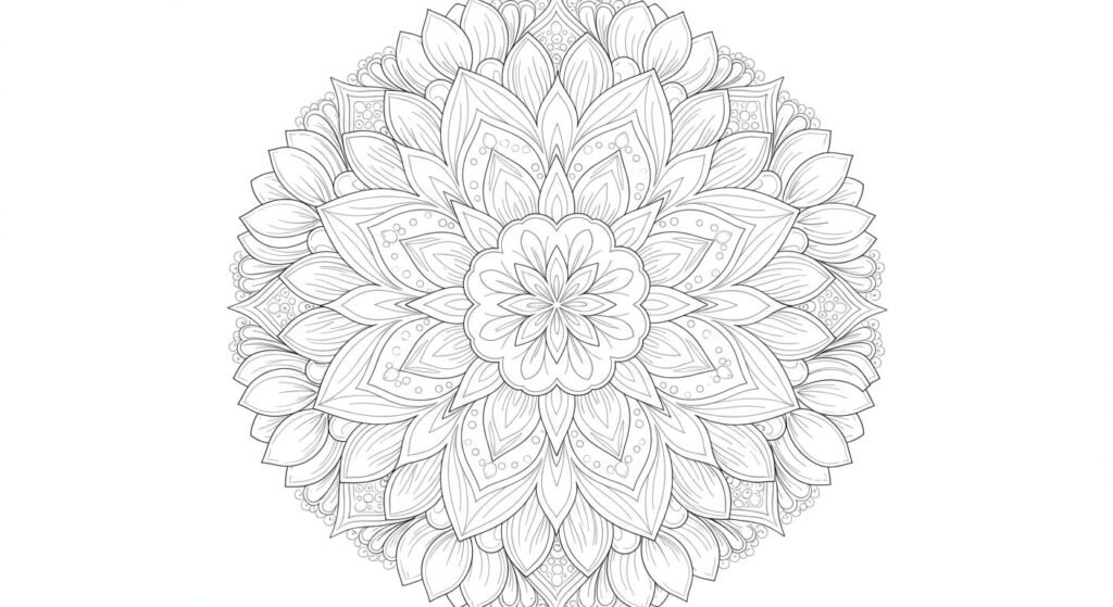 Intricate_Mandala_Design_White_Background A close-up, top-down view of a highly detailed, circular mandala design with various repeating floral and geometric patterns, presented on a pure white background.