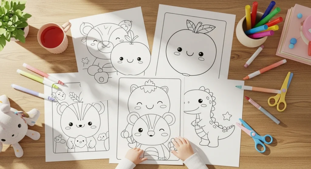 Overhead view of a child's hands reaching for several coloring pages on a wooden table, featuring cute outlined illustrations of bears, an apple, and a dinosaur. Various markers, colored pencils, scissors, and a child's mug are also scattered around the pages.