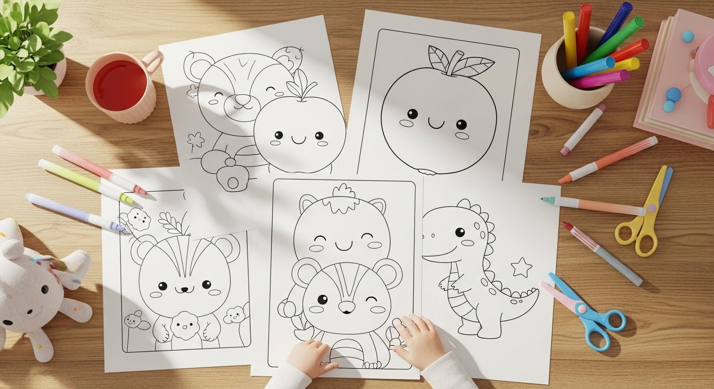 Overhead view of a child's hands reaching for several coloring pages on a wooden table, featuring cute outlined illustrations of bears, an apple, and a dinosaur. Various markers, colored pencils, scissors, and a child's mug are also scattered around the pages.