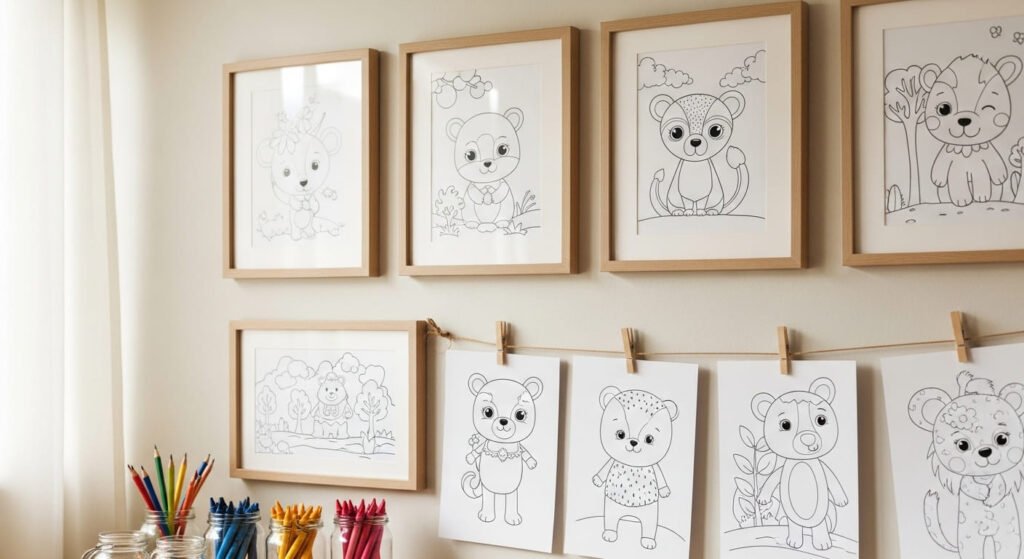 A collection of framed and clipped black and white coloring pages featuring cute cartoon bears and forest scenes displayed on a light-colored wall, with jars of colored pencils on a surface below.