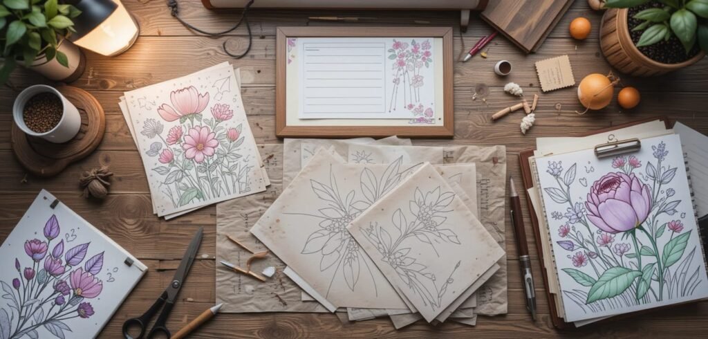 Overhead_Botanical_Art_Workspace Overhead view of a rustic wooden desk filled with botanical art supplies and papers. It includes a partially colored floral illustration, blank outlines of plants, a framed note paper, a vintage-style lamp, scissors, and other small tools and decorative elements.