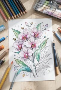 An overhead view of a partially colored coloring page depicting a bouquet of orchids, with some of the blooms shaded in soft pinks and greens. Various colored pencils and a watercolor palette are arranged around the page on a light wooden surface.