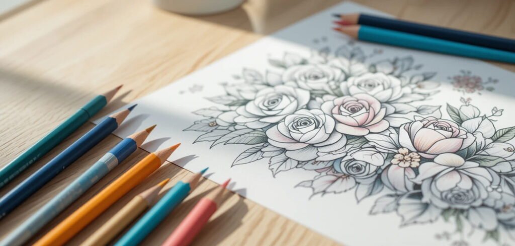 Partially_Colored_Rose_Bouquet_Coloring_Page Close-up of a partially colored coloring page featuring a detailed bouquet of roses and leaves, with soft pink hues on some of the rose petals. Various colored pencils are scattered on a light wooden surface beside the page.