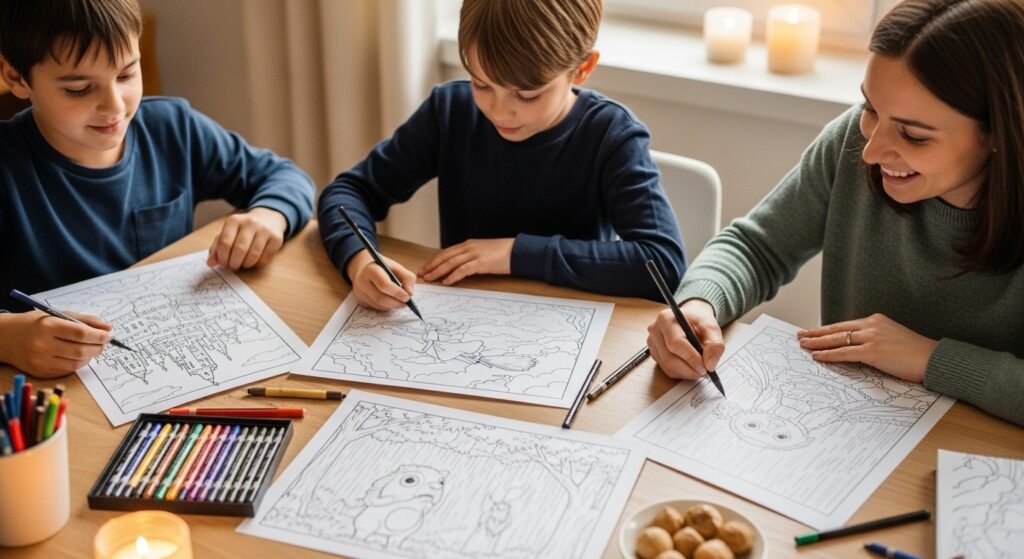 A brightly lit indoor scene shows a woman and two young boys sitting around a wooden table, focused on coloring black and white line art pages, possibly including Studio Ghibli Coloring Pages. The woman is on the right, smiling as she colors a page with a pen. One boy on the left is also coloring intently. Another boy in the center looks down at his coloring page. The table is filled with coloring supplies including colored markers in a tray and loose pens. Partially visible in the background are a window with natural light and some out-of-focus candles.