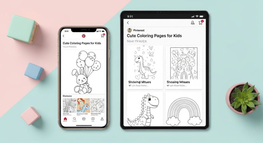 A smartphone and a tablet displaying Pinterest screens with various cute coloring pages for kids, including a bunny with balloons, dinosaurs, and a rainbow. The background is split between light pink and light blue.