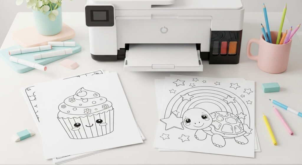Two printed coloring pages on a white desk next to a printer, a mug full of colored pencils, markers, and erasers. One page has a drawing of a cupcake with kawaii-style eyes, and the other shows a turtle under a rainbow surrounded by stars.