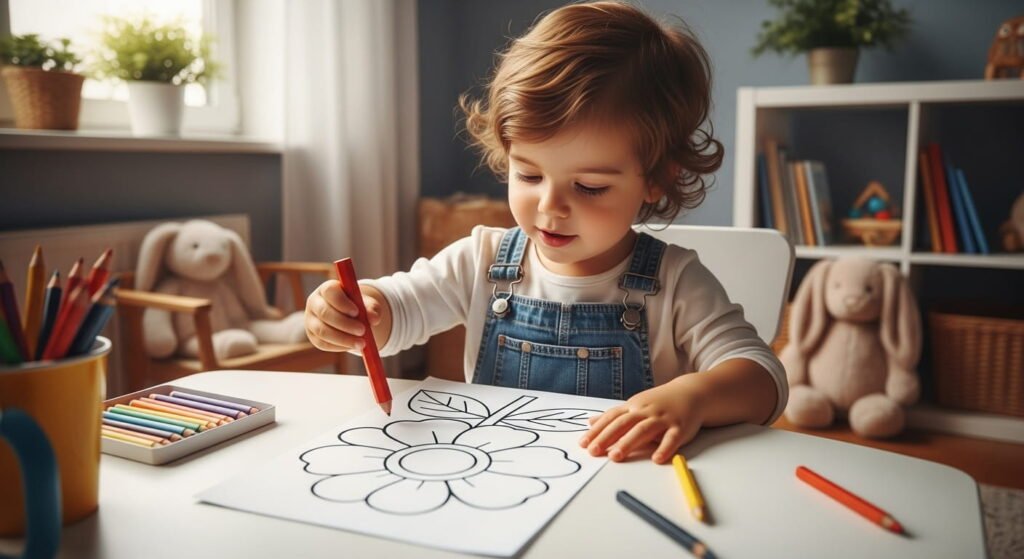 A young child with curly brown hair wearing denim overalls sitting at a white table, intently coloring a simple flower drawing with a red crayon. Other coloring supplies and stuffed animals are visible in the background of a brightly lit room.