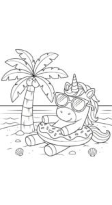 A cute cartoon unicorn wearing sunglasses and relaxing on a donut-shaped float at the beach next to a palm tree.