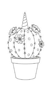 A round potted cactus with a unicorn horn on top and flowers blooming from it.
