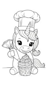 A cute cartoon unicorn wearing a chef's hat, decorating a cupcake with frosting.