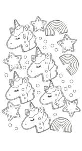 A playful pattern of unicorn head-shaped cookies, stars, and rainbows.