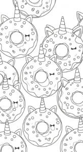 A seamless pattern of cute cartoon donuts with unicorn features like horns and closed eyes.