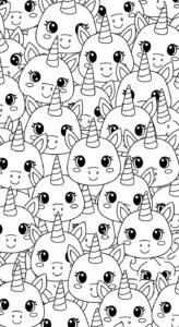 A repeating pattern of various cute cartoon unicorn faces with different expressions.