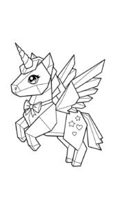 A geometric or low-poly style cartoon unicorn with wings and a bow tie.