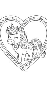 A cute cartoon unicorn with a bow tie standing inside a heart-shaped frame decorated with small hearts and dots.