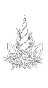 A line art drawing of a unicorn horn surrounded by flowers and leaves.