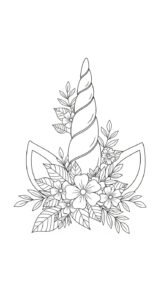 A line art drawing of a unicorn horn with ears, surrounded by a crown of flowers and leaves.
