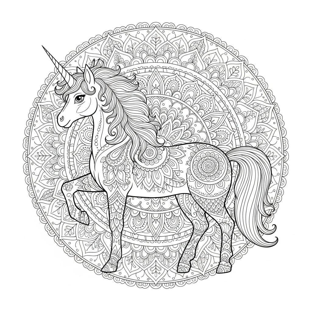 UnicornMandalaColoring A detailed line art illustration of a majestic unicorn standing in front of an intricate circular mandala design, suitable for coloring.