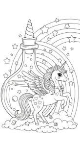 A charming cartoon unicorn with wings, standing on clouds, beside a large potion bottle with a unicorn horn stopper, all surrounded by stars and a rainbow.