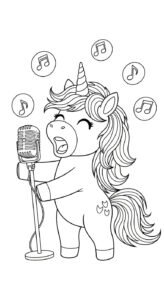 A cute cartoon unicorn with an open mouth, singing into a vintage microphone, with musical notes floating around.