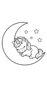 A sweet cartoon unicorn sleeping soundly on a crescent moon with stars in the background.