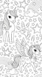 A vibrant pattern showcasing two cartoon unicorns, one standing and one winged, amidst stars, clouds, and rainbows.