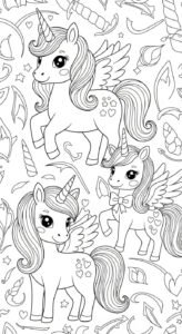 A busy pattern featuring multiple cartoon unicorns with wings, surrounded by various unicorn-themed accessories like horns, ears, and hearts.