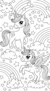 A cheerful pattern featuring two cartoon unicorns, one standing and one with wings, surrounded by clouds, rainbows, and stars.