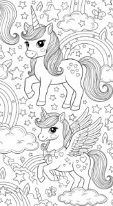 A pattern featuring two cartoon unicorns (one standing, one winged), clouds, stars, and rainbows.