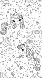 Two cute cartoon unicorns, one standing and one with wings, amidst clouds, stars, and rainbows.