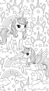 A seamless pattern featuring two cartoon unicorns, rainbows, stars, and unicorn horn headbands.