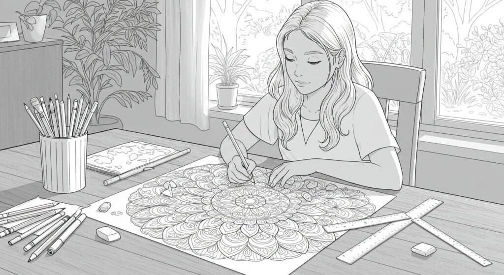 Young_Woman_Coloring_Mandala A young woman with long hair is sitting at a wooden desk by a window, focused on coloring an intricate mandala design on a large sheet of paper. Various art supplies like pencils, brushes, and erasers are spread around the table.