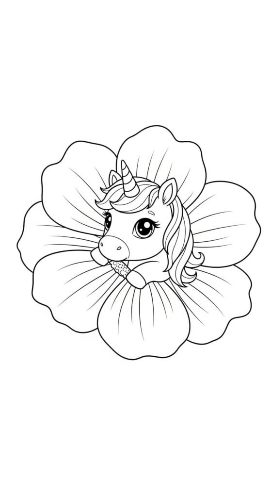 Cute chibi unicorn head peeking playfully from the center of a large, beautiful flower, easy coloring page