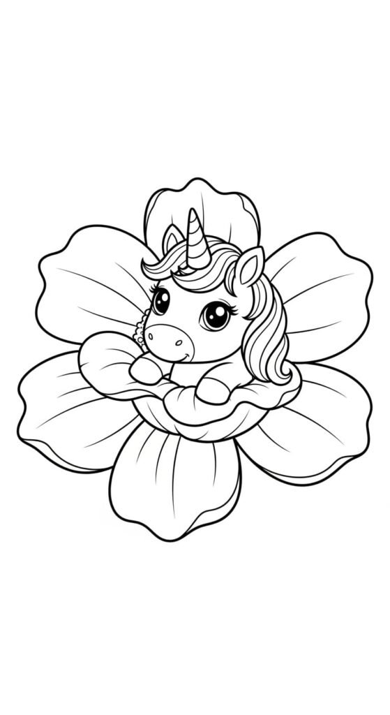 Adorable baby unicorn resting comfortably inside a blooming flower, charming printable for kids.