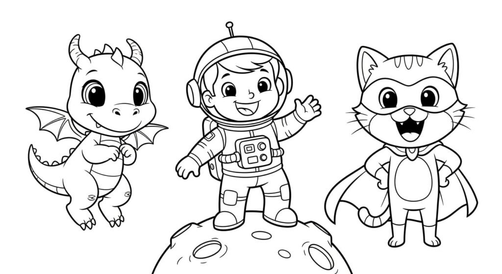 Three distinct, cute cartoon characters are displayed on a white background: a small, smiling dragon with tiny wings on the left, an astronaut child standing on a moon-like surface in the center, and a superhero cat wearing a mask and cape on the right. All are outlined in black with no color.