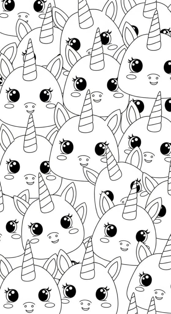 Dense pattern coloring page filled with multiple adorable chibi unicorn faces, great for detailed coloring.