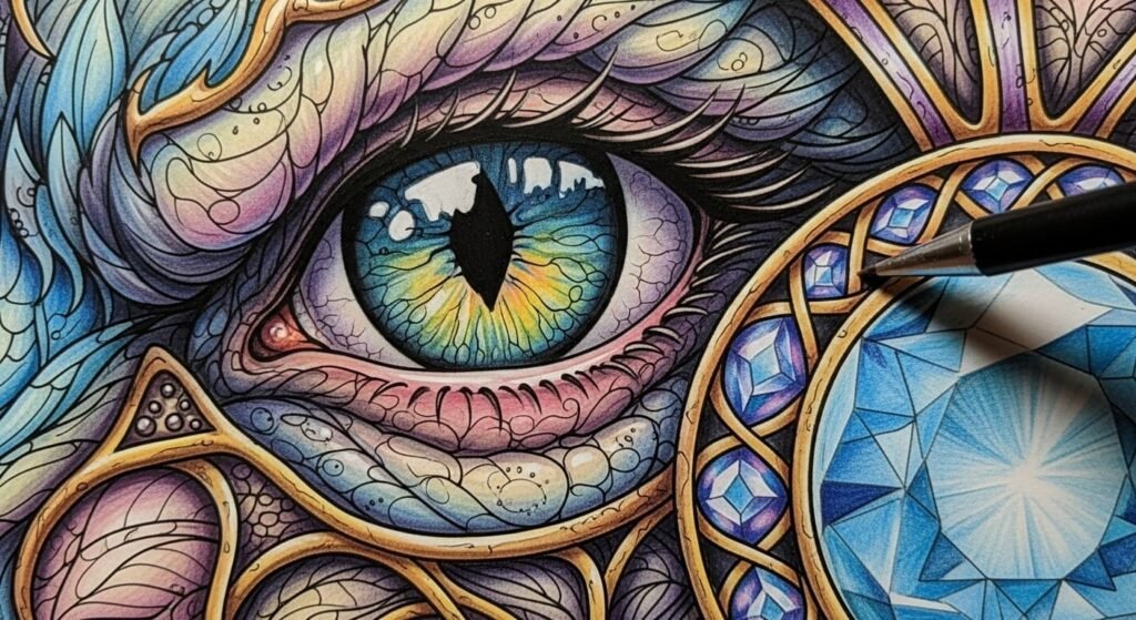 Highly detailed close-up of a colored mystical creature's eye and a jewel, showcasing intricate shading, vibrant layering, and blending techniques.