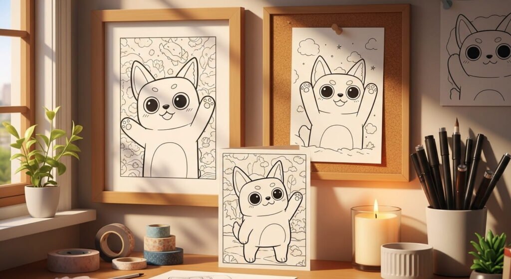 A bright, sunlit desk features three black-and-white coloring pages of a cute, cartoonish dog-like animal with large eyes and a smiling face, waving its paws. Two pages are framed, one on the wall and one on a corkboard, while the third is propped up on the desk. A green plant in a white pot sits by a window, and art supplies like washi tape, pens, and a lit candle are scattered on the desk.