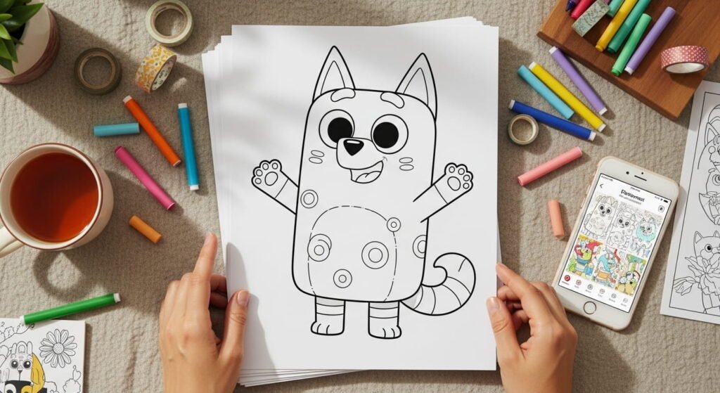 An overhead view of hands holding a freshly printed cartoon animal coloring page, surrounded by markers, washi tape, and other art supplies on a desk.