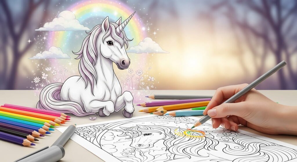 A magical scene featuring a white unicorn illustration with a rainbow, and a hand coloring a detailed unicorn coloring page with colored pencils on a desk, inspiring creativity.