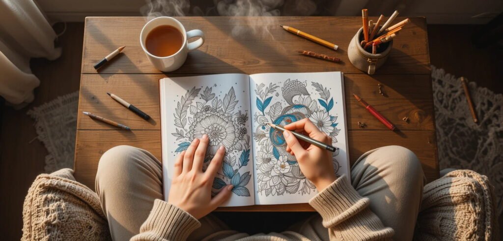 Overhead view of a person in cozy clothes, engaged in coloring a detailed floral and animal design in an open coloring book on a wooden table, with a cup of tea and art supplies nearby.