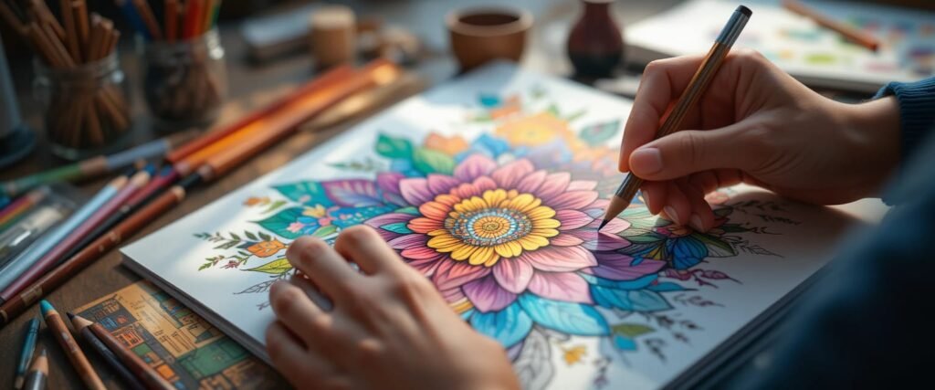 Close-up of hands meticulously coloring a vibrant floral design in an adult coloring book with colored pencils.