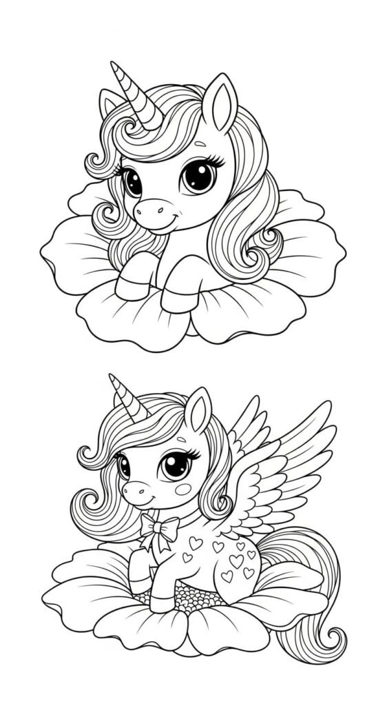 Two adorable chibi unicorns sitting on flowers; one is a basic design, the other has wings and heart patterns.