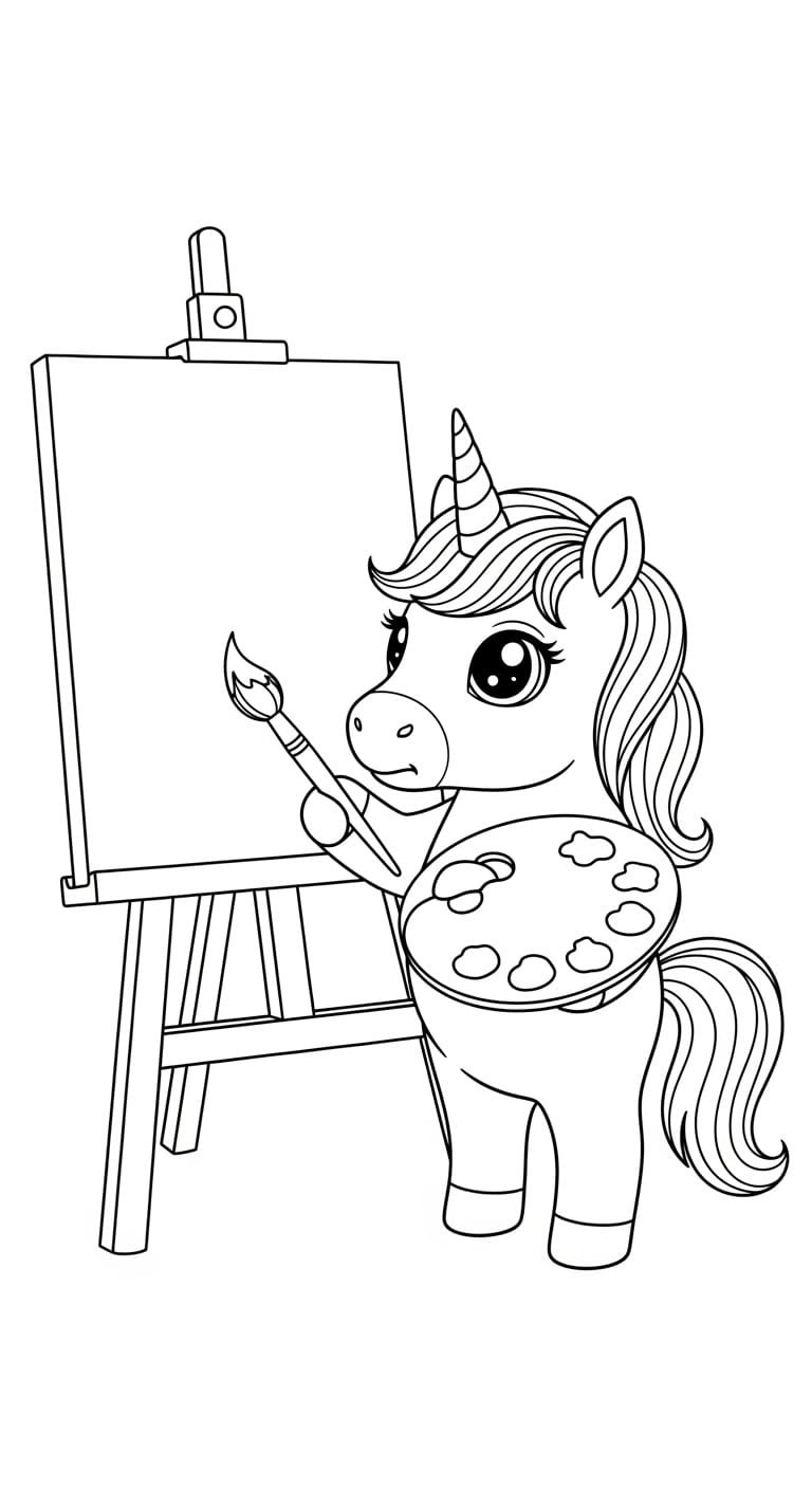 unicorn-artist-easel-paintbrush-coloring Charming chibi unicorn acting as an artist, holding a paintbrush in front of an empty easel with a palette.