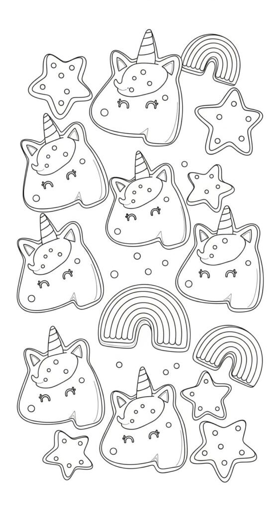 Pattern coloring page featuring cute unicorn head-shaped cookies, stars, and rainbows, perfect for sweet designs.