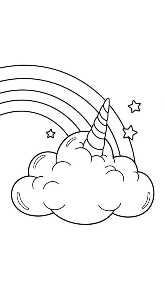 Cute unicorn horn peeking from a fluffy cloud with a rainbow and stars, fun coloring page for kids.