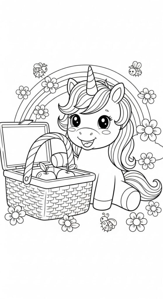 Happy chibi unicorn enjoying a picnic with a basket of apples, surrounded by a rainbow, flowers, and ladybugs.