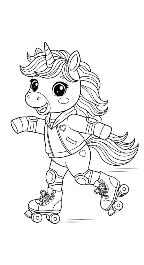 Energetic chibi unicorn on roller skates, wearing a cool jacket and protective gear, a fun action coloring page.